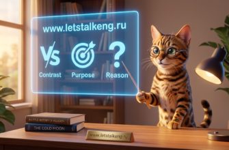 3D рендер бенгальской кошки Фани, которая задумчиво сидит перед доской с английскими правилами о союзах контраста и цели.